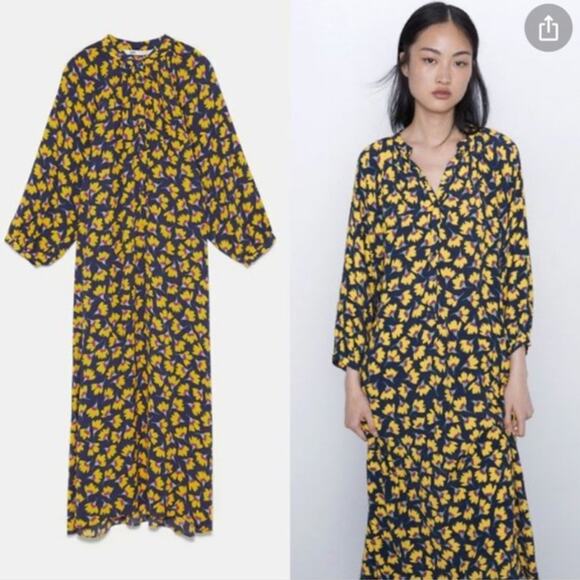 ZARA Yellow Floral Midi Dress Summer Blogger Favorite Navy Blue {D29} - Picture 2 of 5